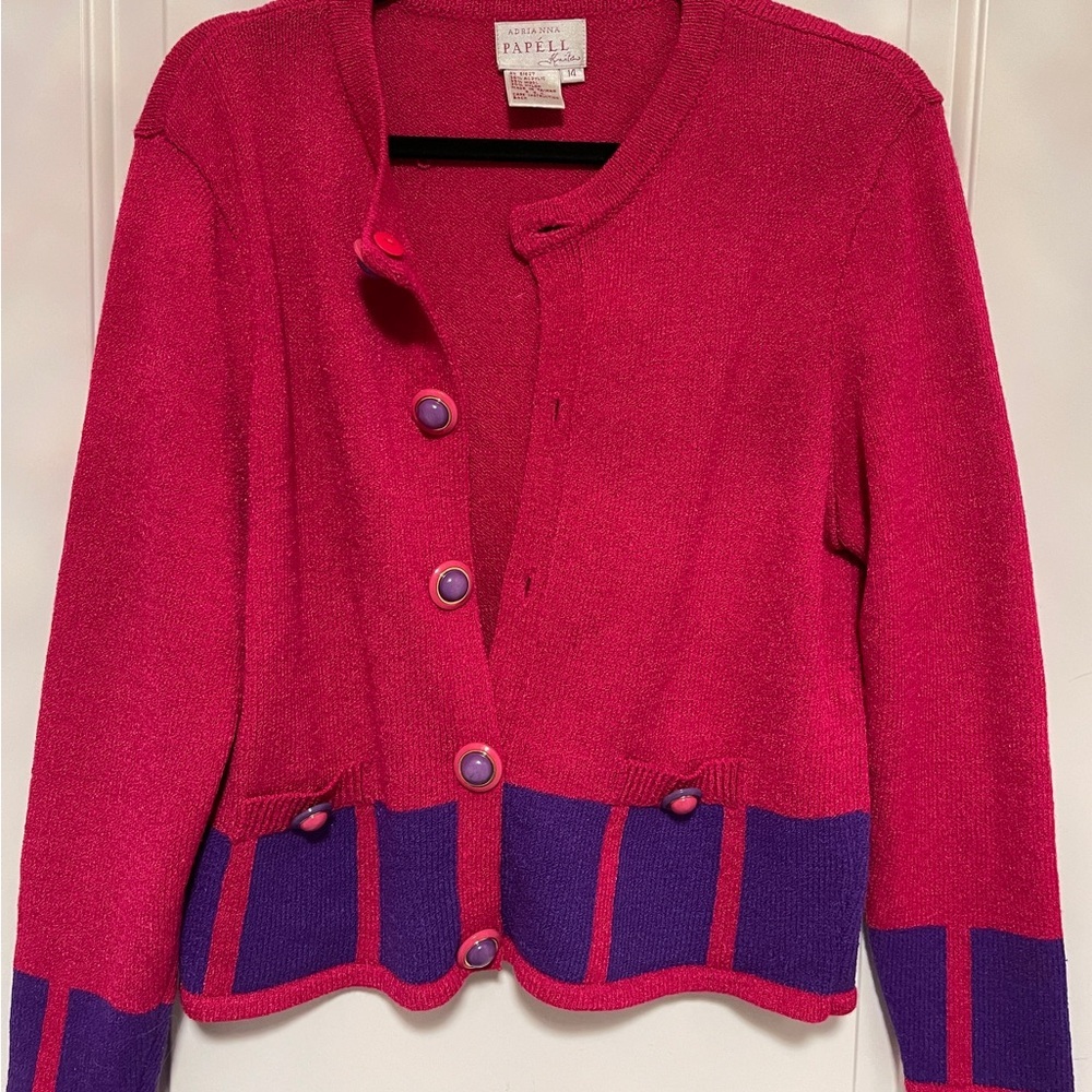 Vintage Adrianna Papell Pink Purple Cardigan Colorblock Wool Blend Sweater 14 - Picture 6 of 7